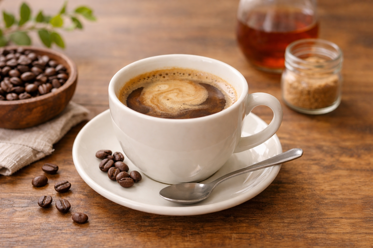 木のテーブルの上に置かれた、温かいコーヒーのカップ