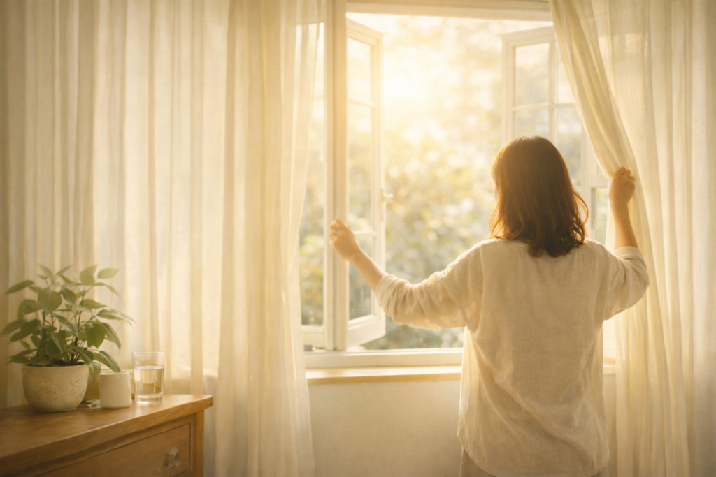 窓を開けて朝の光を取り入れる部屋の風景｜自律神経を整える朝習慣