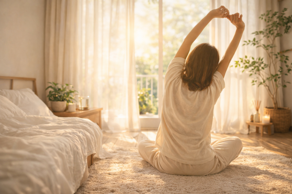 朝の部屋でゆっくりストレッチをする様子｜自律神経を整える習慣