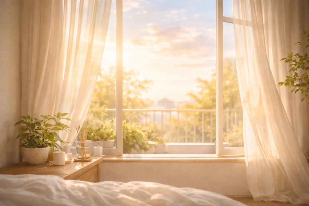 やわらかい朝日が差し込む静かな部屋の風景｜自律神経ケアのイメージ