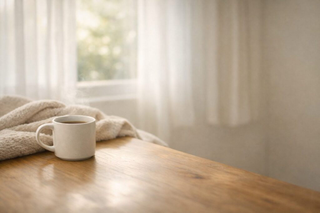 窓辺のやわらかい光と湯気の立つマグカップ 自律神経を整える呼吸のイメージ