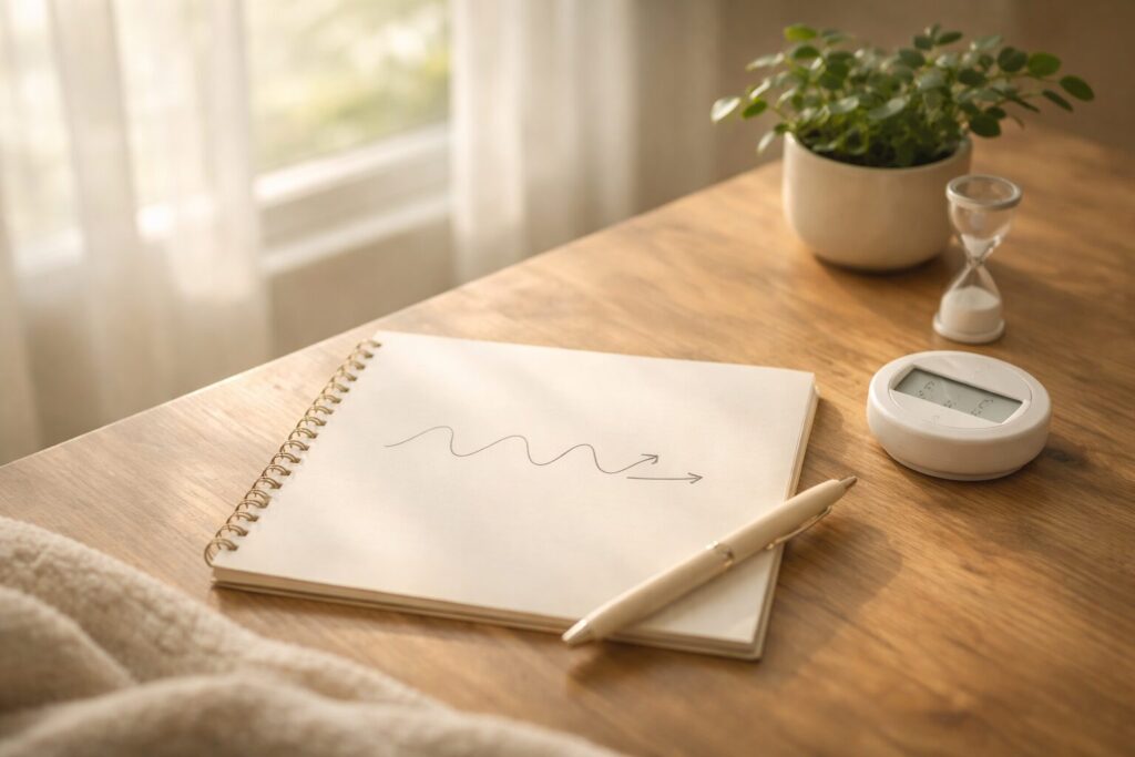 ノートに描いた呼吸のリズムとタイマー 自律神経を整える呼吸のコツをイメージ