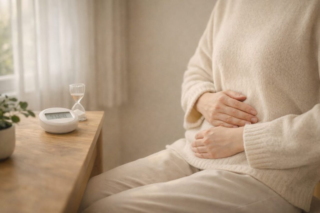 椅子に座ってお腹に手を当ててゆっくり呼吸する様子 1分でできる呼吸ルーティン