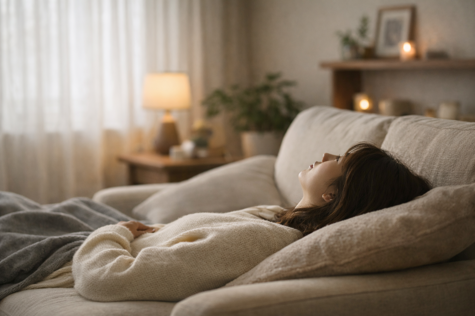 女性が温かい部屋でリラックスしている画像