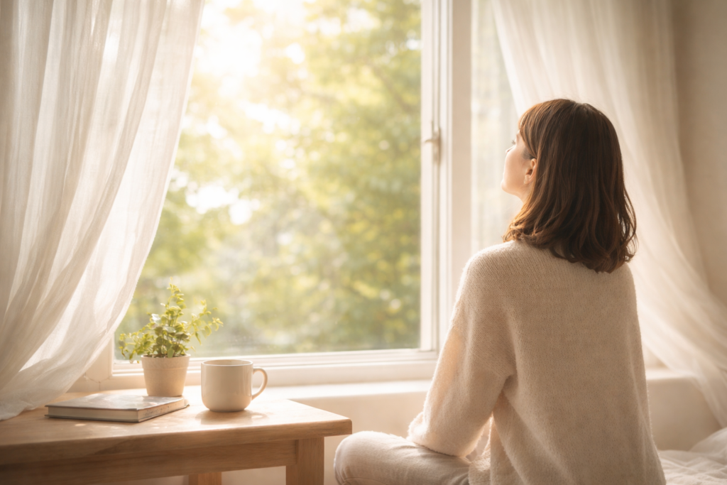 落ち込んだときに深呼吸をして気持ちを整えるイメージ写真