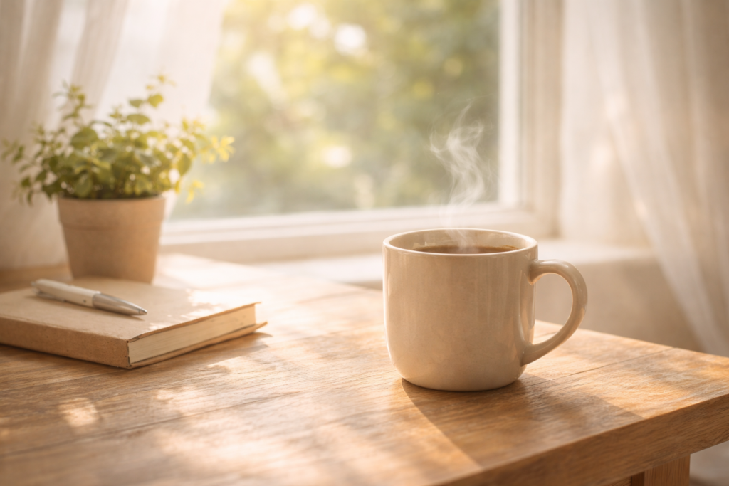 気分が沈んだ日に温かい飲み物で落ち着くイメージ