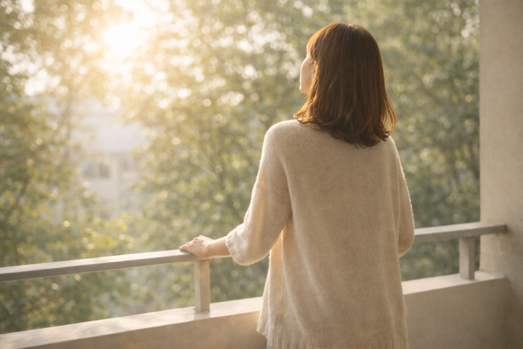 落ち込んだときにベランダで日光を浴びて気持ちを回復させるイメージ