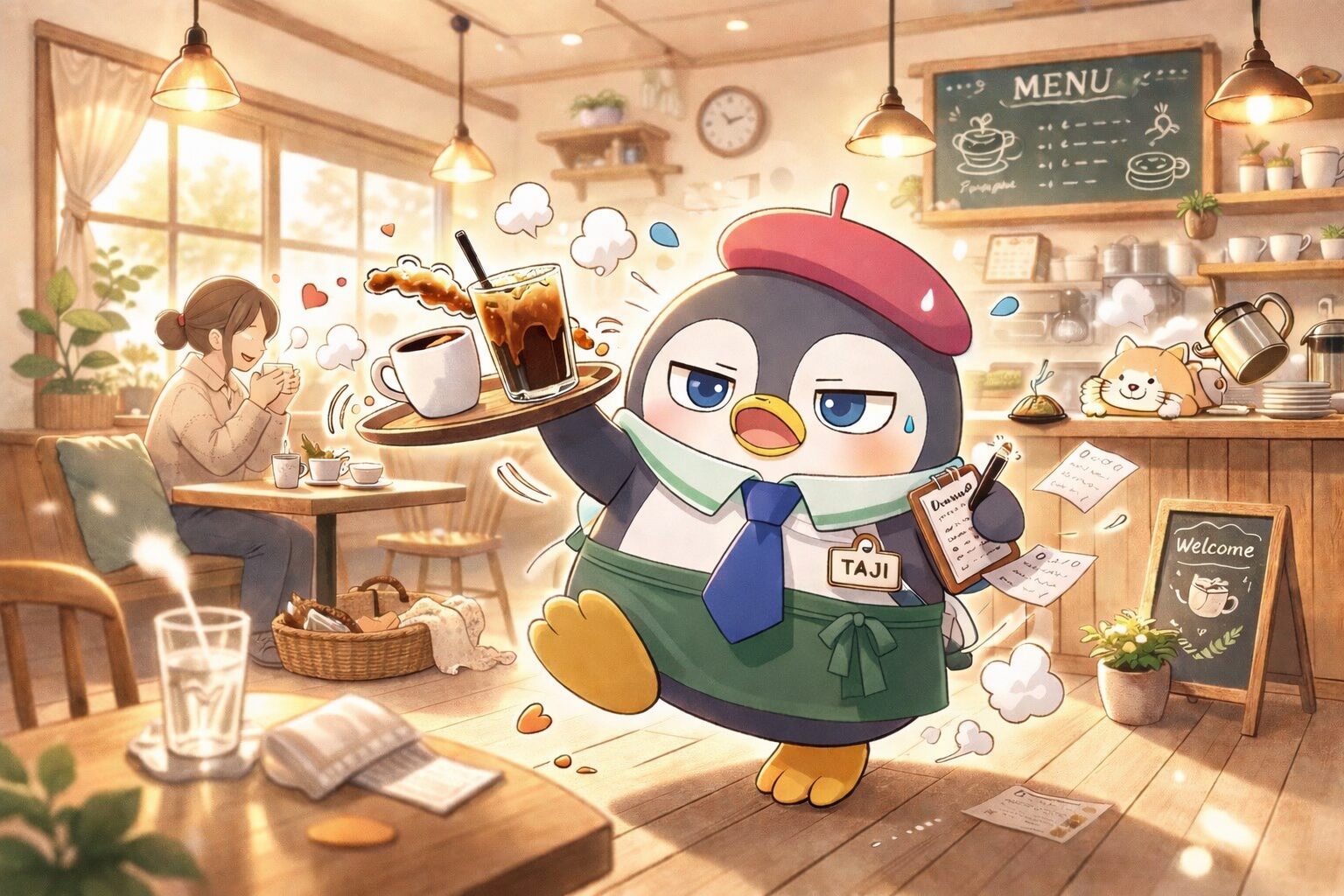 カフェで忙しく働くペンギン店長タジの1日店長イラスト