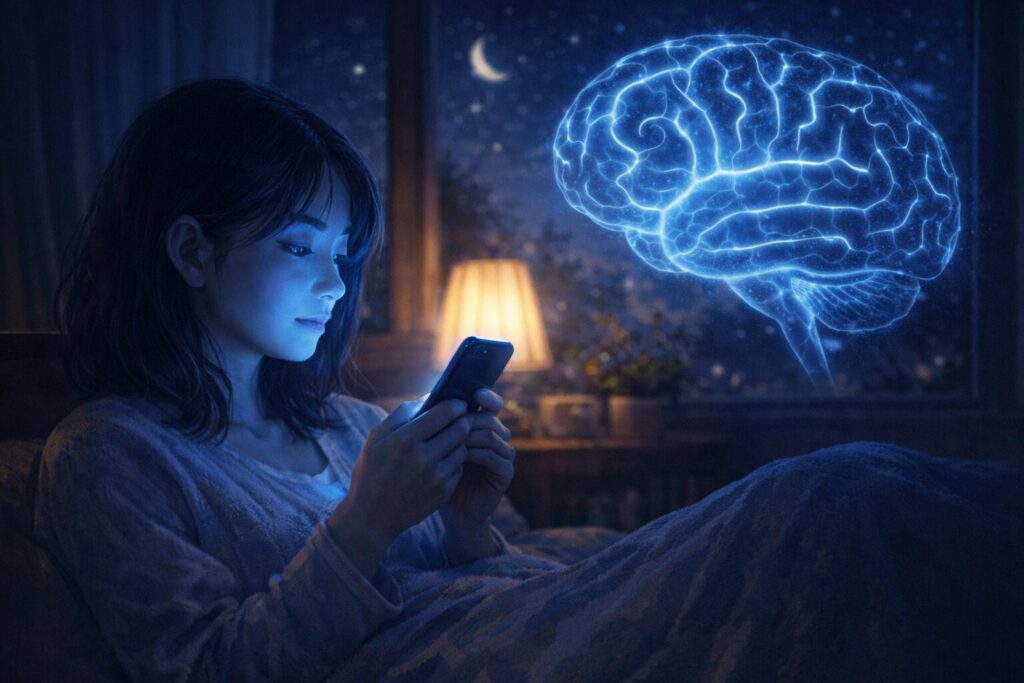 夜にスマホのブルーライトを浴びて自律神経が乱れるイメージ