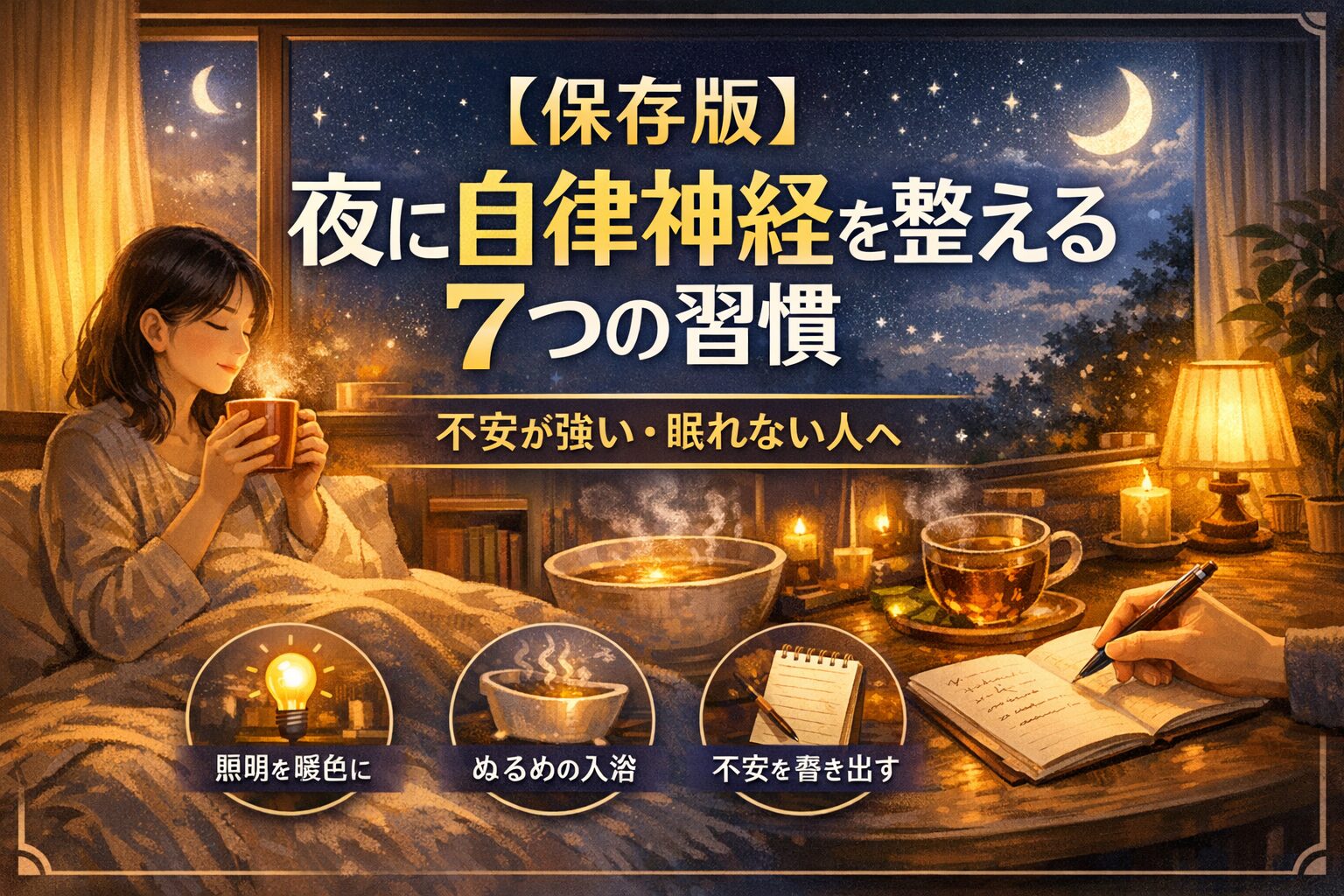 夜に自律神経を整える7つの習慣をイメージした温かい寝室の風景