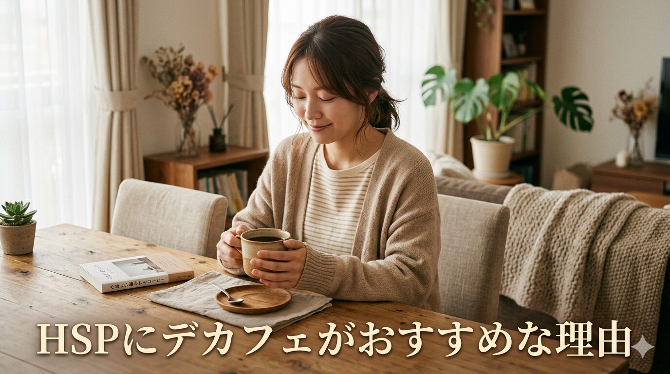 デカフェコーヒーを両手で持つ日本人女性。HSPにデカフェがおすすめな理由の記事アイキャッチ画像