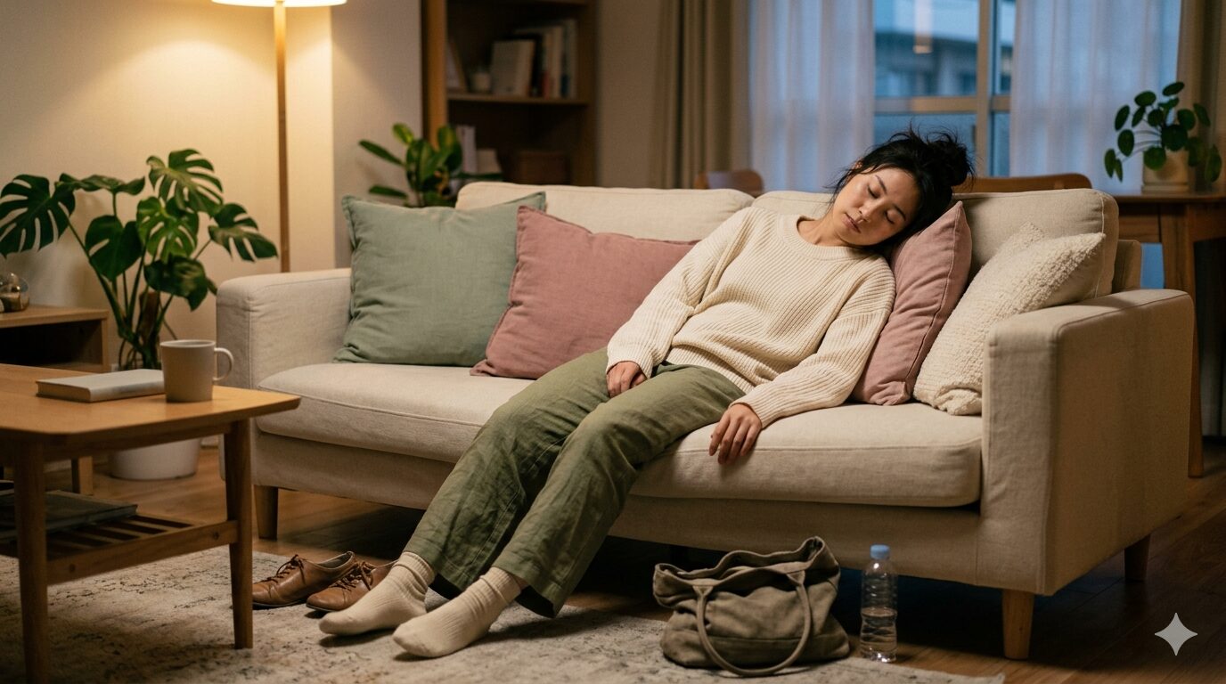 帰宅後ソファでぐったりと横になるHSPの女性