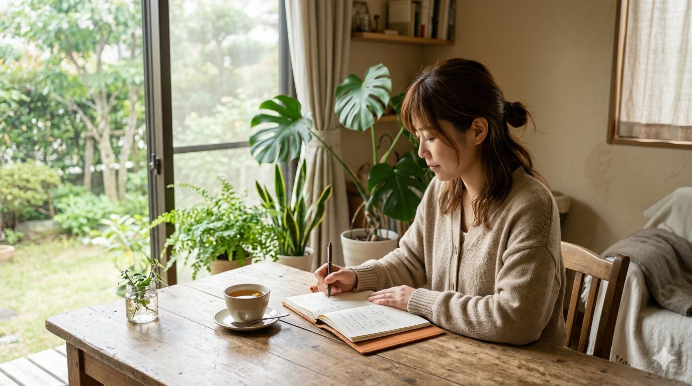 静かな部屋でノートにジャーナリングをするHSPの女性とハーブティー