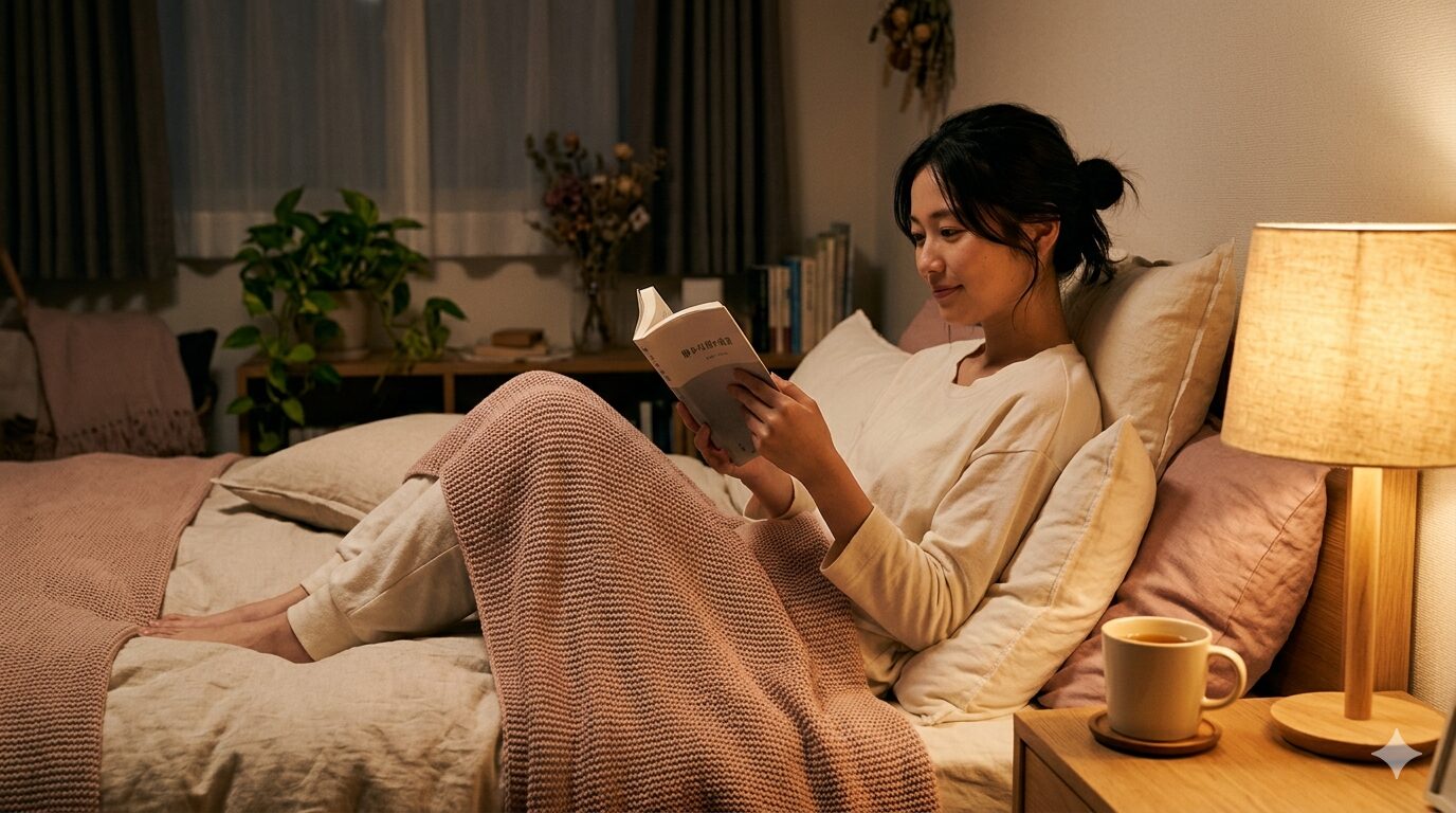 夜の寝室で本を読んでリラックスする女性と枕元のハーブティー