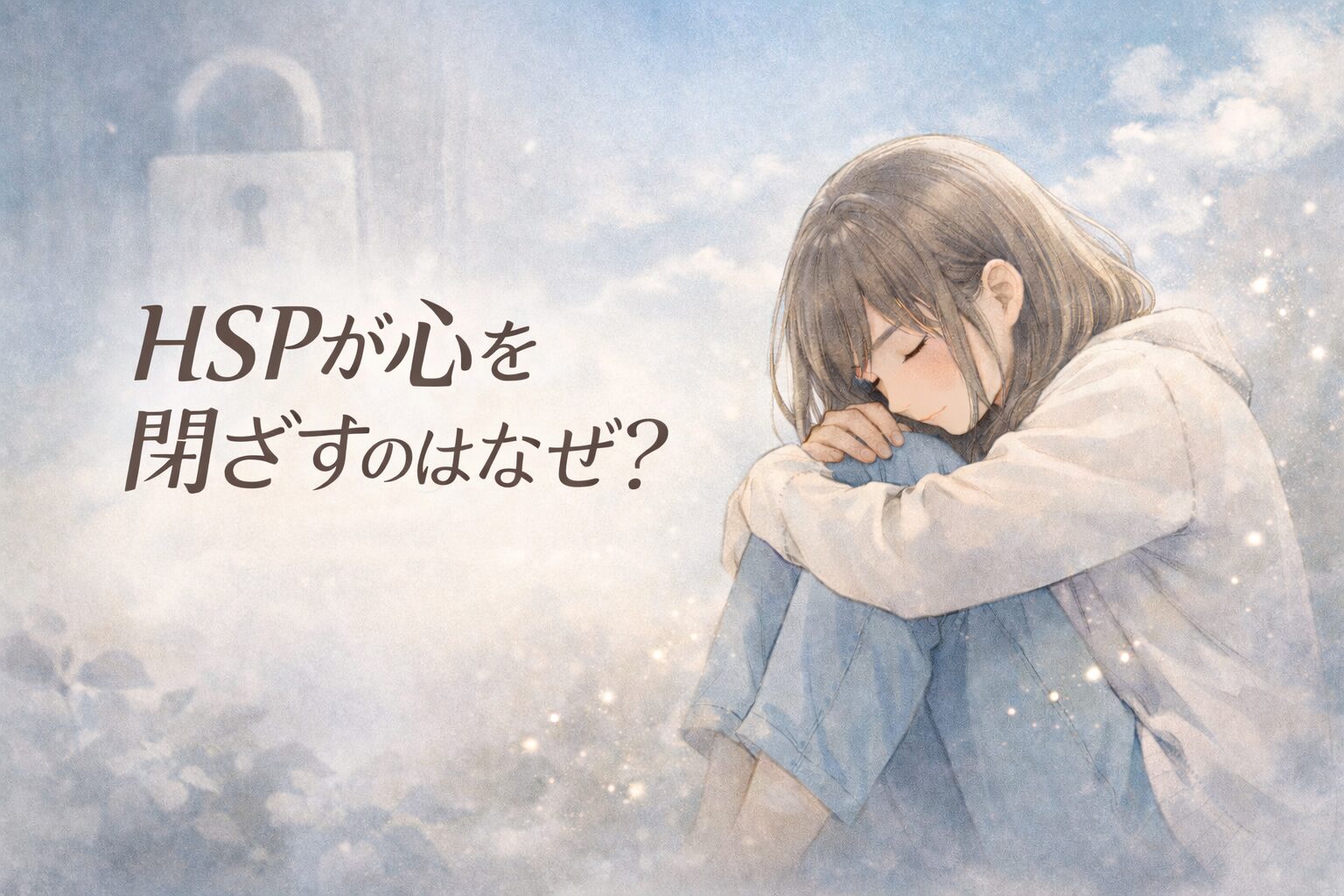 HSPで心を閉ざしてしまうしんどさをイメージした、膝を抱えて座る女性の繊細なイラスト