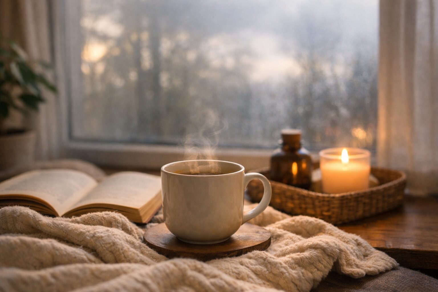 季節の変わり目に自律神経を整えるイメージ｜窓辺と温かい飲み物のある落ち着いた部屋