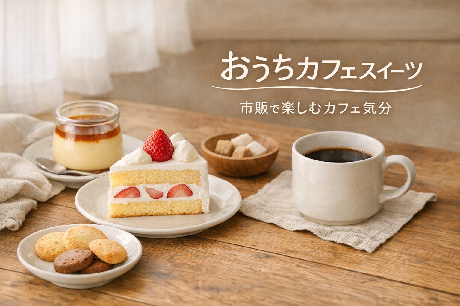 木のテーブルにショートケーキやプリン、クッキー、コーヒーを並べたやさしい雰囲気のおうちカフェスイーツ