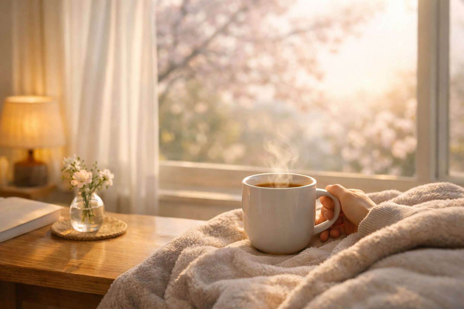 春のやわらかい朝の光の中でマグカップを持ち、毛布に包まれて休むイメージ