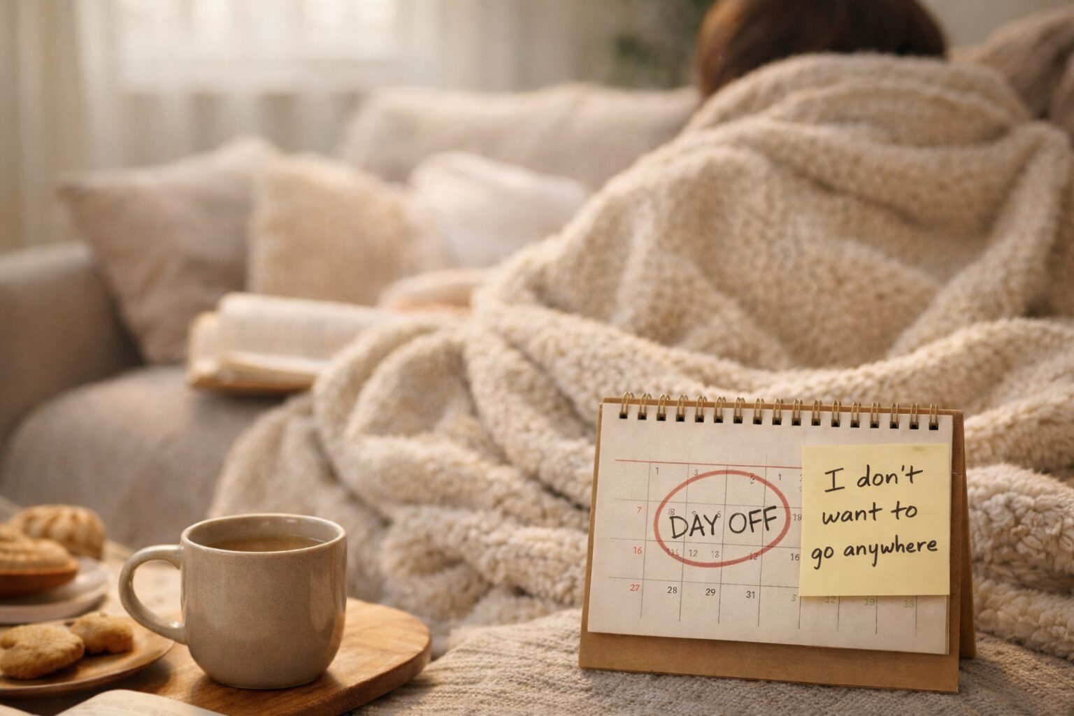 Day offの日、どこにも行きたくない気分を表すカレンダーと付箋のある部屋