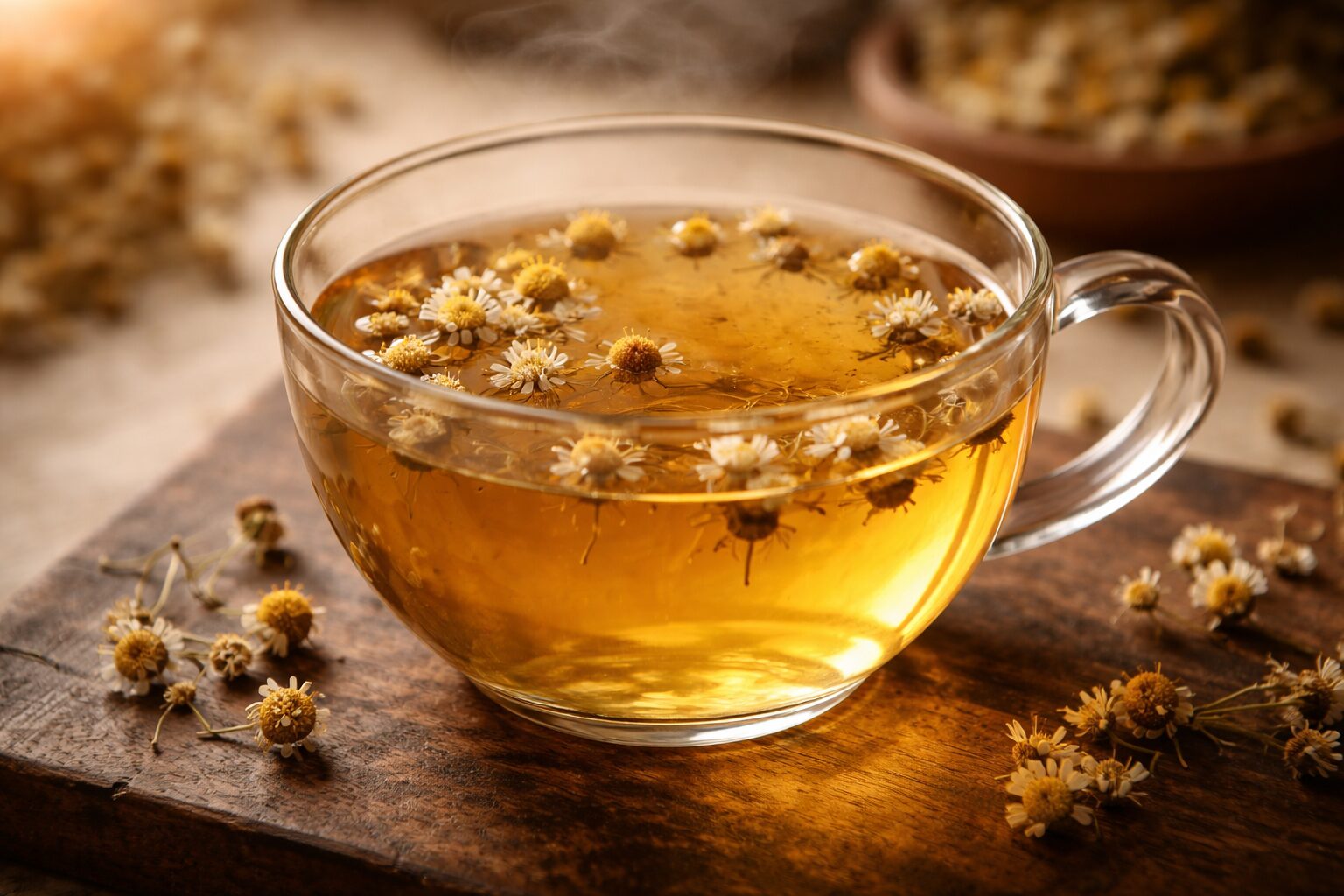カモミールティーのクローズアップ写真：黄金色の温かいお茶と花びら