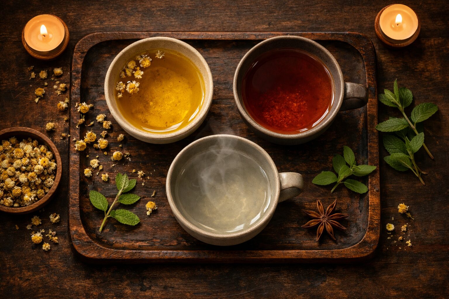 夜のテーブルに並んだノンカフェインハーブティー3種のフラットレイ写真