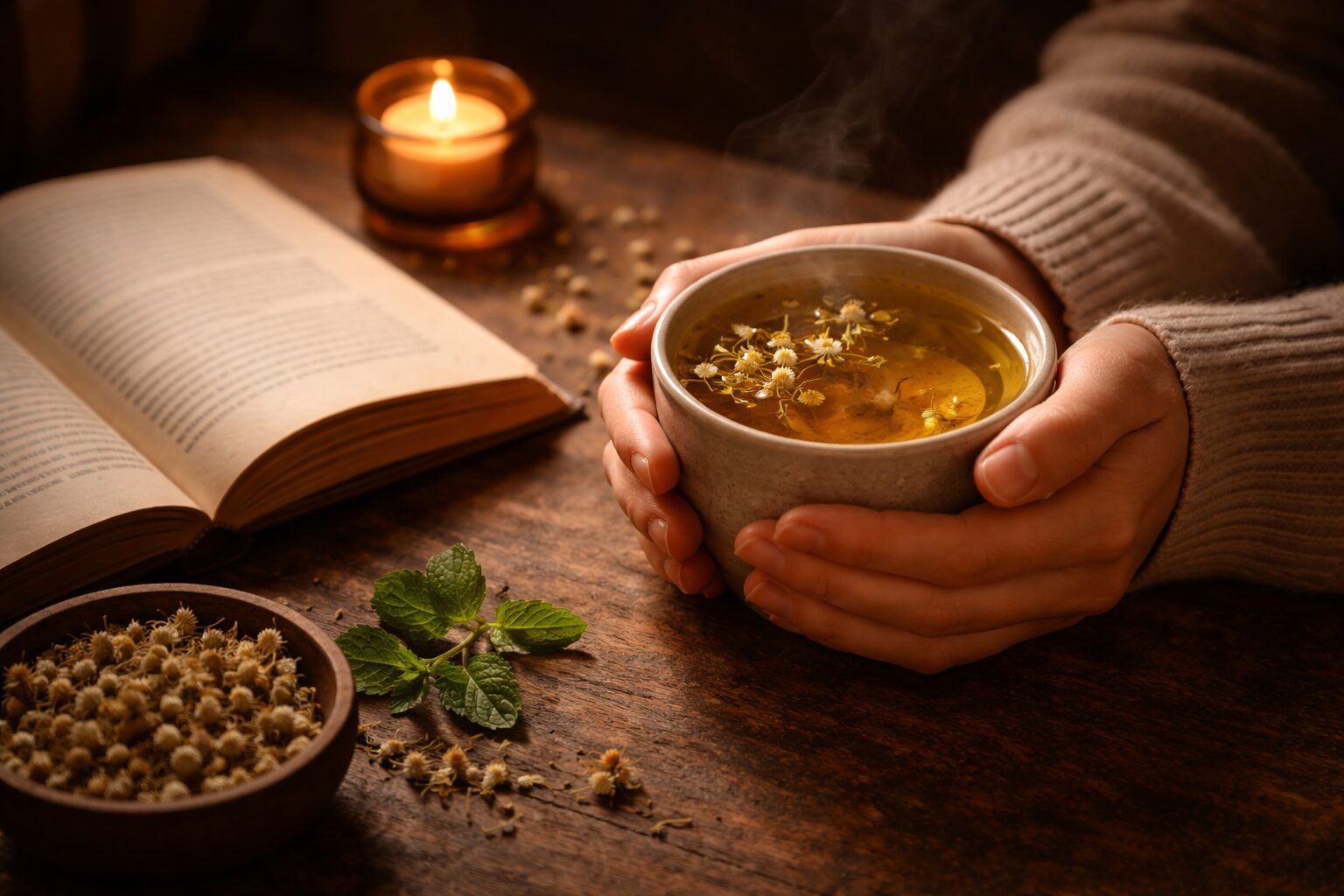 夜の静かなリラックスシーン：温かいハーブティーとキャンドルと本