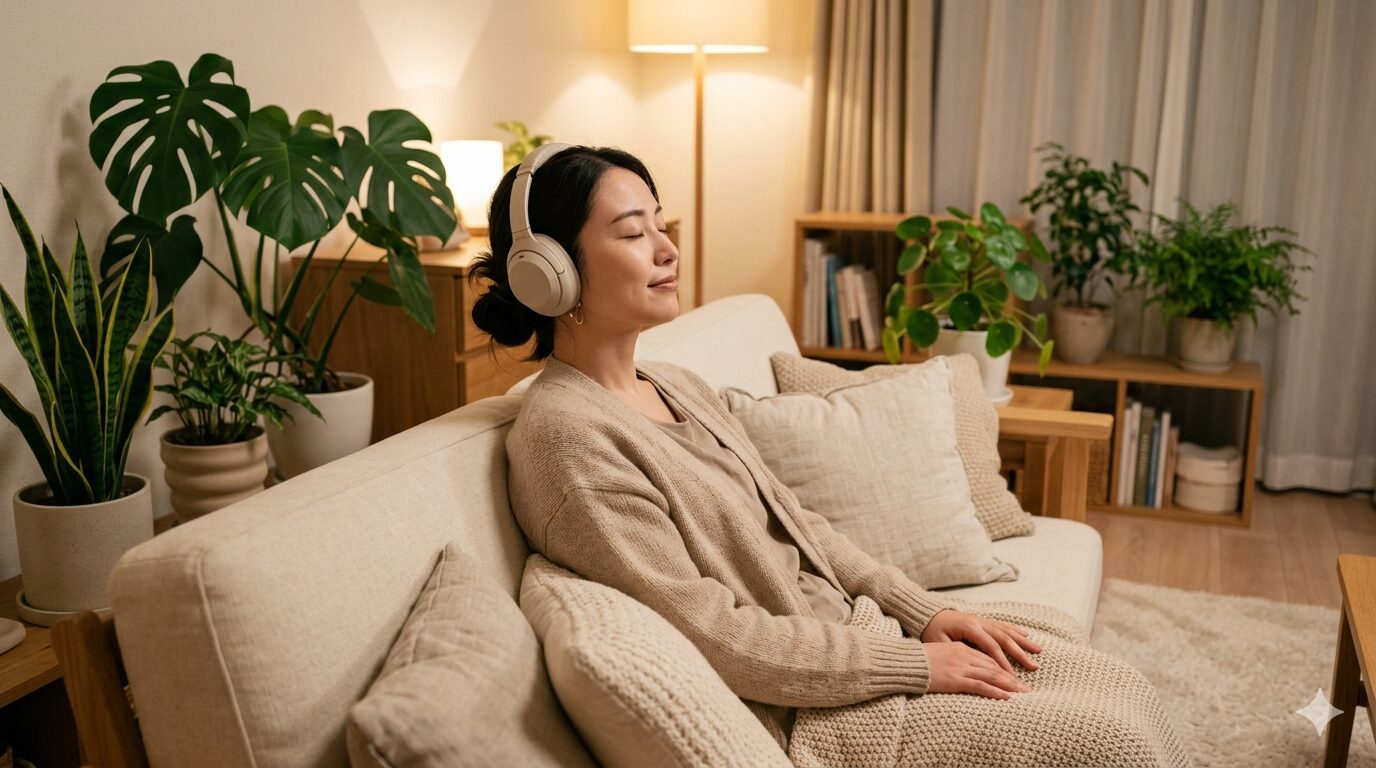 ノイズキャンセリングヘッドホンをつけてソファに座り目を閉じてリラックスしている女性。観葉植物と温かい間接照明に囲まれた静かな自宅のリビング