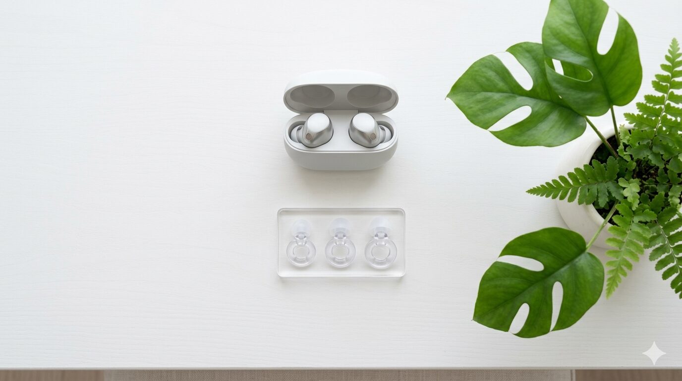白い机の上にワイヤレスイヤホンのケースとリング型シリコン耳栓、モンステラの葉が並んだフラットレイ。HSP向けの静音グッズのイメージ
