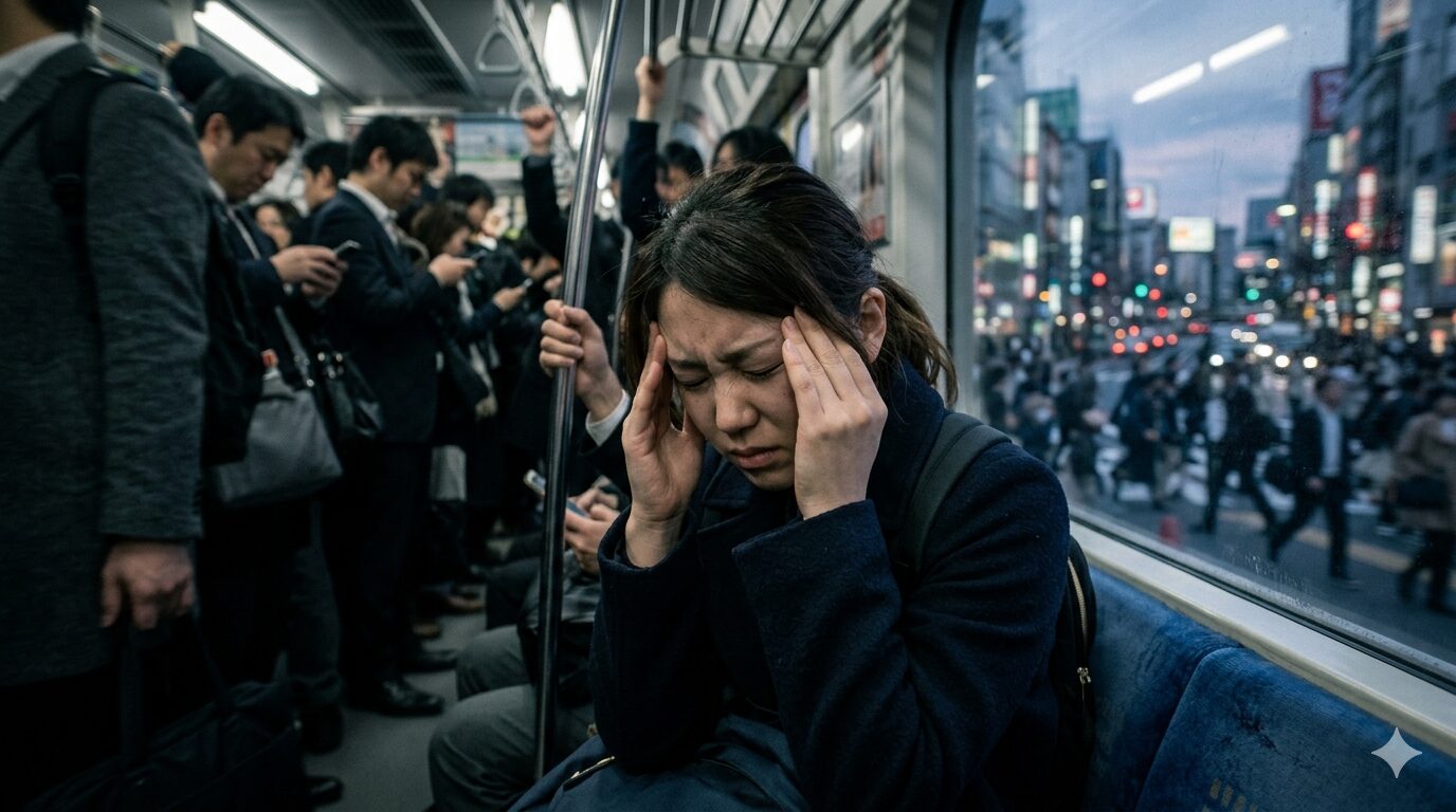 混雑した電車の中で両手でこめかみを押さえて苦しそうにしている女性。騒音や人混みによる感覚過負荷のイメージ