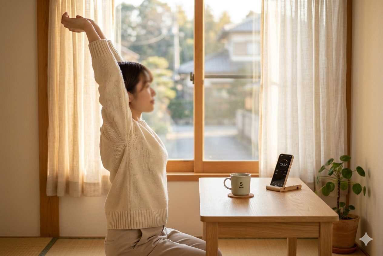 窓辺でストレッチしながら5分休憩を取る女性と、タイマーが表示されたスマートフォン