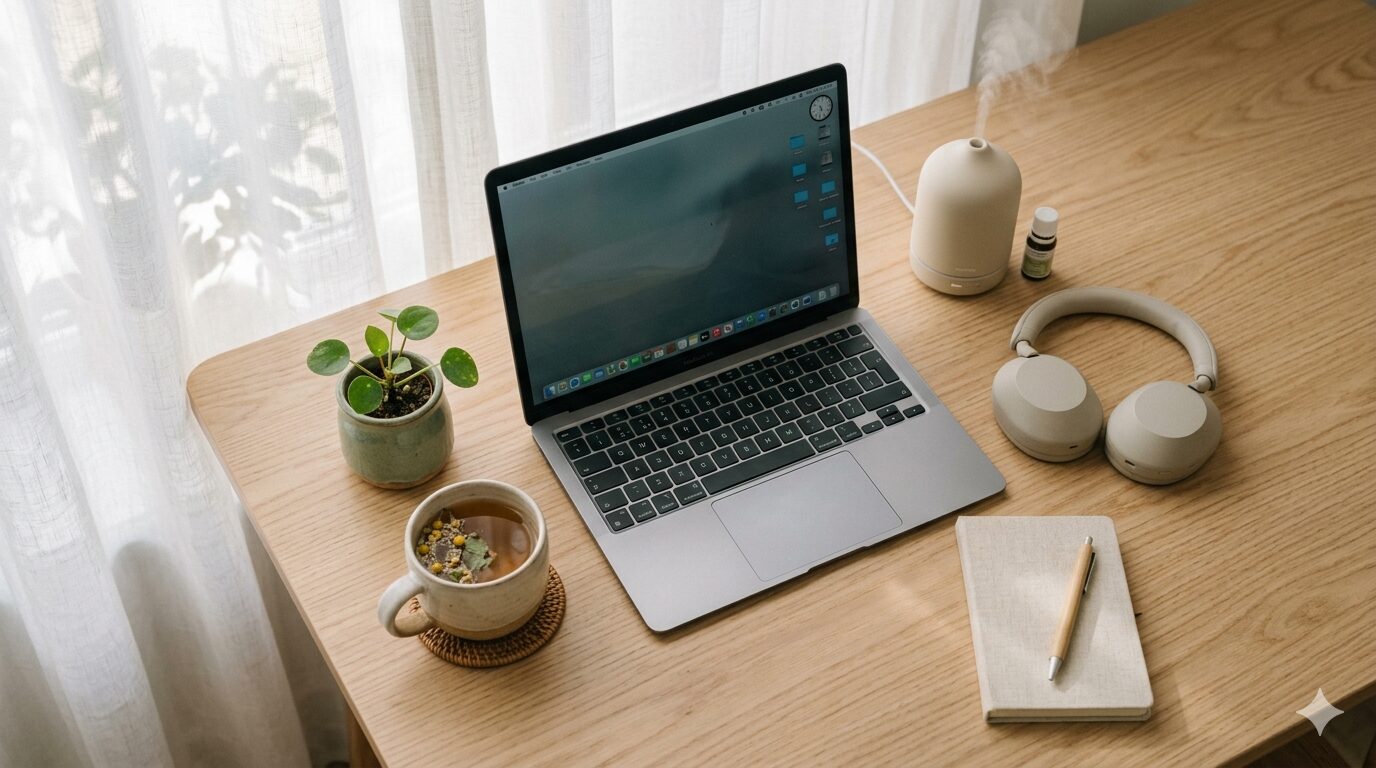 木製デスクにラップトップ・ノイズキャンセリングイヤホン・アロマディフューザー・ハーブティーが並ぶ、穏やかな在宅ワークデスク