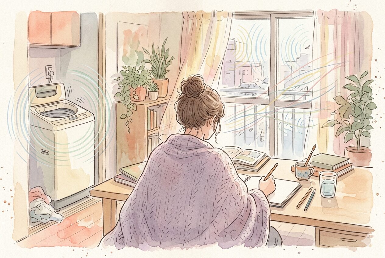 在宅ワーク中、洗濯機の音や窓からの外の騒音など見えない刺激に囲まれながら机に向かう女性のイラスト