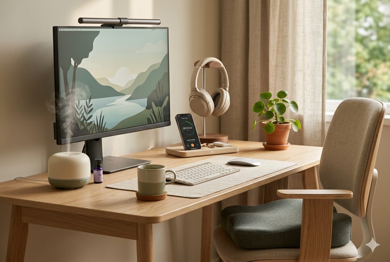 モニターライト・ノイズキャンセリングイヤホン・アロマディフューザー・観葉植物が揃った、整った在宅ワーク環境
