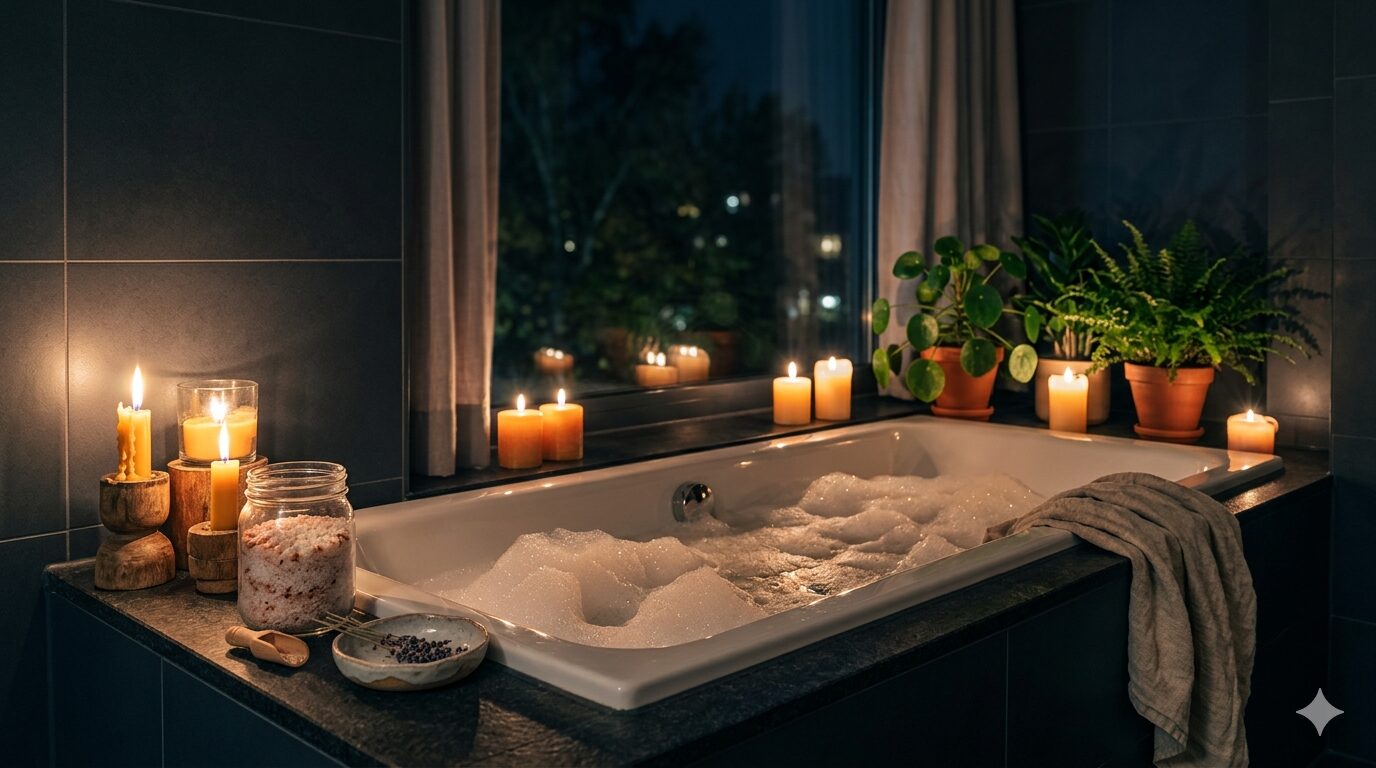 キャンドルの灯りに照らされた夜のバスルーム。泡立ったバスタブの周りにキャンドルと観葉植物が並ぶ、リラックスした入浴シーン