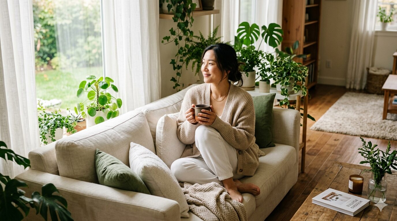 観葉植物に囲まれた明るいリビングのソファで、マグカップを手に窓の外を眺めてリラックスしている女性。週末の穏やかな朝のイメージ