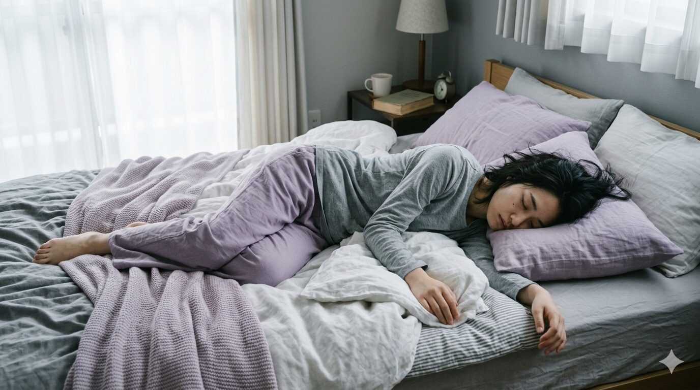 ラベンダーカラーの寝具のベッドにぐったりと横になっている女性。疲れが取れない、回復できていない週末のイメージ